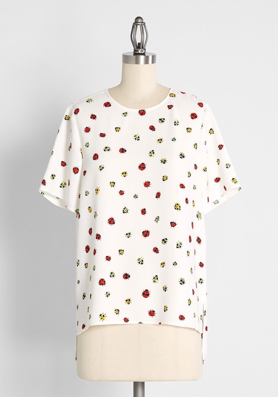 Exactly Effortless Hi Lo Blouse Ladybug Swarm Ivory