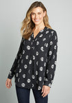 General Print Long Sleeves Button Closure Pocketed Gathered Semi Sheer Polyester Collared Tunic