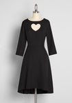 A-line Fit-and-Flare Bateau Neck Elbow Length Sleeves Side Zipper Pocketed Stretchy Cutout Vintage Fitted Dress