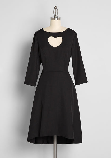 A-line Elbow Length Sleeves Stretchy Pocketed Cutout Fitted Side Zipper Vintage Fit-and-Flare Bateau Neck Dress