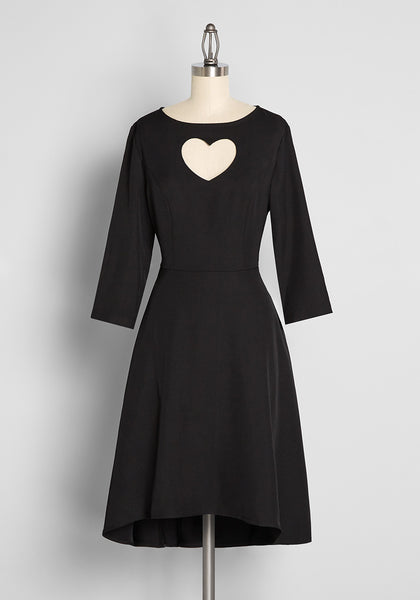 A-line Side Zipper Fitted Stretchy Pocketed Cutout Vintage Fit-and-Flare Bateau Neck Elbow Length Sleeves Dress