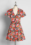 A-line V-neck Short Sleeves Sleeves Floral Print Side Zipper Stretchy Pocketed Flowy Short Dress