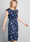 Elasticized Waistline Keyhole Cap Sleeves General Print Dress