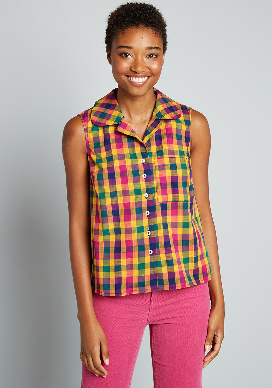 Campfire Cookout Sleeveless Button-Up Top