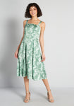 Spring Tank Fit-and-Flare Pocketed Back Zipper Jacquard Fitted Self Tie Square Neck Floral Print Midi Dress