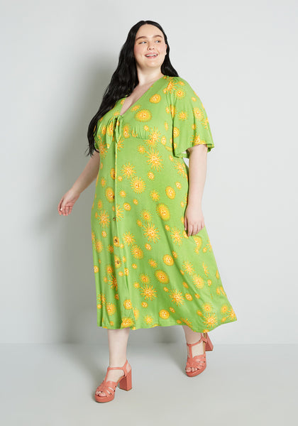 V-neck Summer General Print Semi Sheer Shirred Keyhole Button Front Vintage Flowy Self Tie Empire Waistline Flutter Elbow Length Sleeves Midi Dress