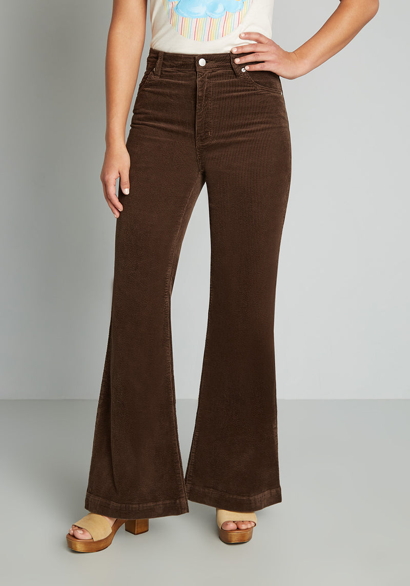 Solid High Waist Fitted Flared Corduroy Pants
