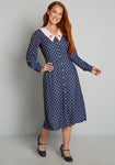 A-line Polyester Long Sleeves Flowy Pocketed Button Front Embroidered Button Closure Collared Midi Dress