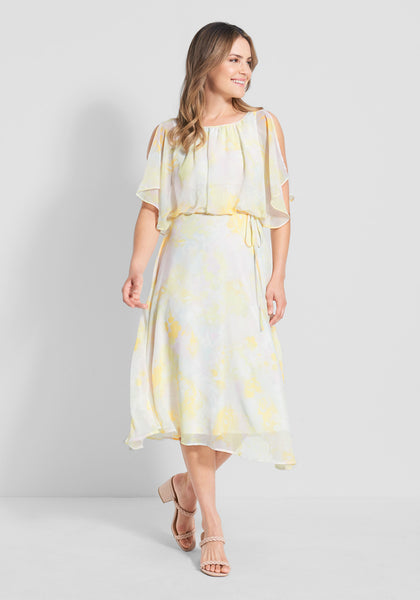 Spring Summer Floral Print Gathered Back Zipper Flowy Shirred Belted Vintage Self Tie Flutter Sleeves Sleeveless Scoop Neck Midi Dress With a Sash
