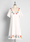 V-neck Floral Print Sheer Flutter Short Sleeves Sleeves Shirred Vintage Embroidered Collared Dress