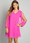 Sophisticated V-neck Cocktail Polyester Shift Vintage V Back Sheer Sleeves Party Dress With a Bow(s)