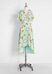 V-neck Floral Dots Print Cotton Belted Vintage Semi Sheer Self Tie Wrap Sheer Flutter Sleeves Midi Dress