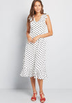 Polka Dots Print Cap Sleeves Back Zipper Midi Dress With Ruffles