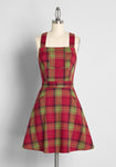 Pinafore Button Front Pocketed Slit Vintage Back Zipper Sleeveless Plaid Print Short Skater Dress/Jumper