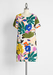 Abstract Floral Print Summer Round Neck Semi Sheer Keyhole Button Closure Pocketed Vintage Shift Short Polyester Short Sleeves Sleeves Dress