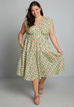 A-line V-neck Pocketed Vintage Stretchy V Back Back Zipper General Print Cap Sleeves Cotton Dress