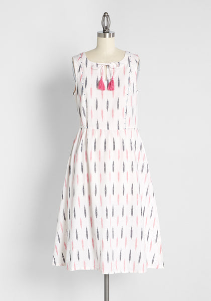 A-line Drawstring Pocketed Gathered Babydoll Elasticized Waistline Cotton Sleeveless Dots Print Dress