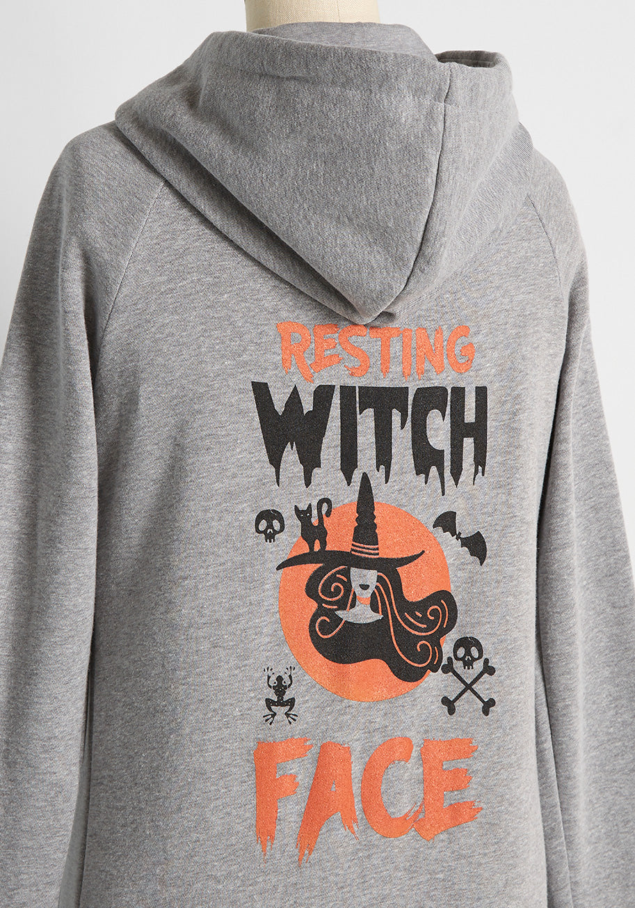 Resting Witch Face Graphic Zip-Up Hoodie