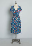 A-line V-neck Smocked Short Sleeves Sleeves Floral Print Elasticized Waistline Pocketed Vintage Midi Dress