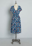 A-line V-neck Floral Print Short Sleeves Sleeves Elasticized Waistline Pocketed Vintage Smocked Midi Dress