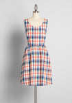 A-line Checkered Plaid Print Cotton Princess Seams Waistline Sleeveless Back Zipper Pocketed Dress