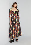 Square Neck General Print Puff Sleeves Sleeves Flowy Gathered Button Closure Belted Pocketed Wrap Back Zipper Tiered Maxi Dress With Ruffles