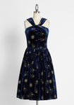A-line General Print Vintage Pocketed Mesh Glittering Halter Sleeveless Swing-Skirt Party Dress