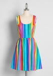 Cotton Sleeveless Round Neck Fit-and-Flare Gathered Fitted Back Zipper Vintage Stretchy Pocketed Striped Print Skater Dress