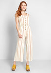 Button Front Semi Sheer Pocketed Elasticized Waistline Striped Print Jumpsuit