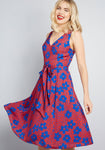 A-line Side Zipper Pocketed Shirred Vintage Cutout Smocked Floral Dots Print Dress With a Bow(s) and a Sash