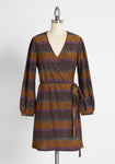 Tall V-neck Short Vintage Self Tie Belted Wrap Striped Print Party Dress