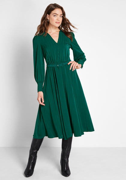 A-line Belted Button Front Button Closure Jacquard Side Zipper Polyester Sheer Long Sleeves Striped Print Dress