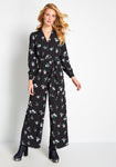Polyester Button Closure Button Front Pocketed Elasticized Waistline Floral Print Jumpsuit With a Sash