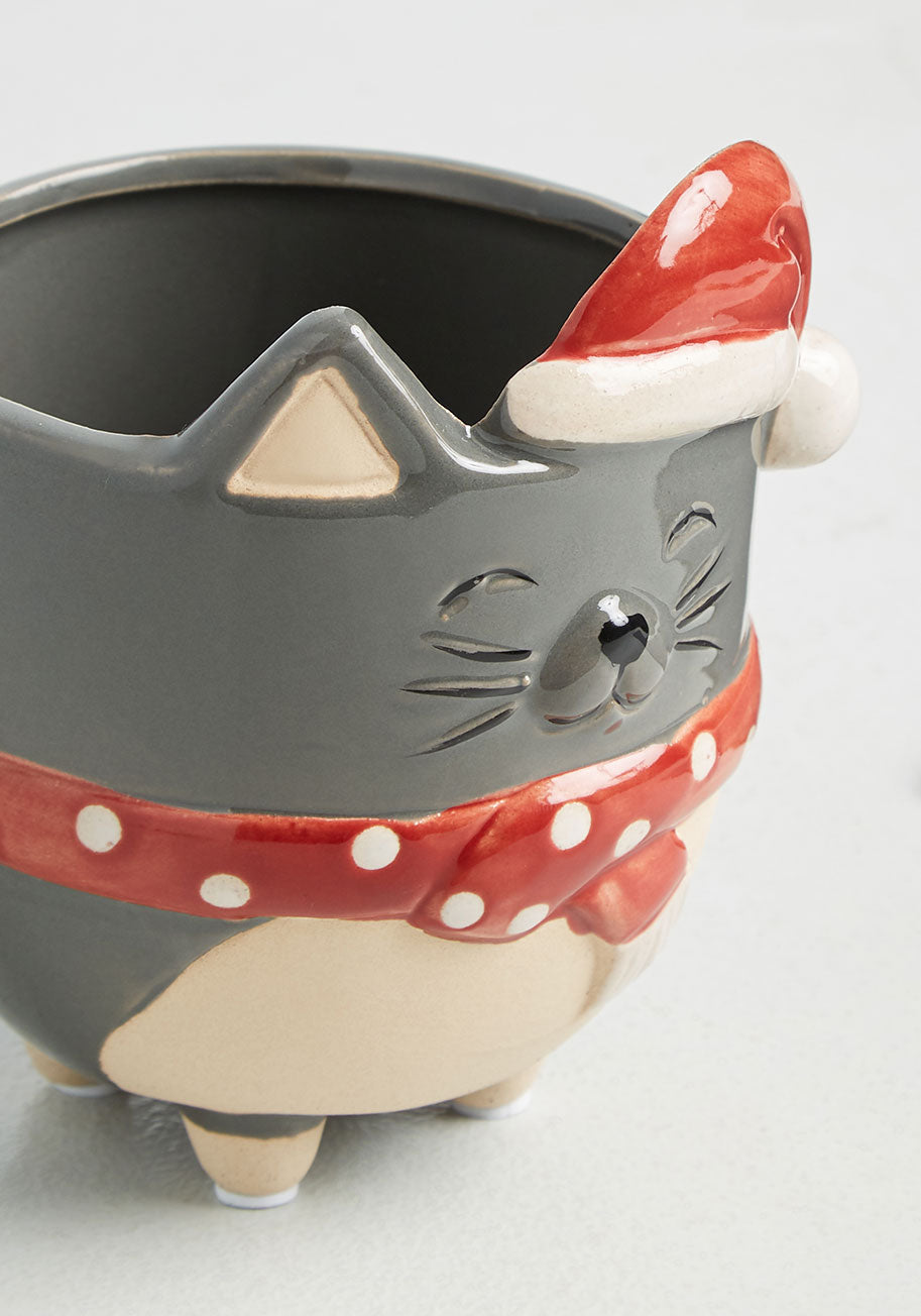 Meowy Little Holiday Ceramic Planter