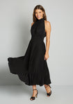 Polyester Button Closure Accordion Shirred Pleated Halter Sleeveless Maxi Dress