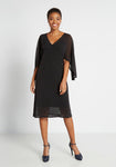 Tall A-line V-neck Sheer Batwing Sleeves Off the Shoulder Ruched Mesh Semi Sheer Little Black Dress/Midi Dress