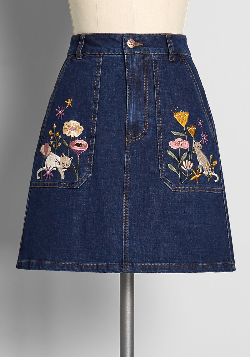 embroidered denim skirt