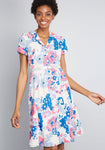 Tall A-line Floral Print Summer Collared Notched Collar Belted Pocketed Button Front Shirt Dress