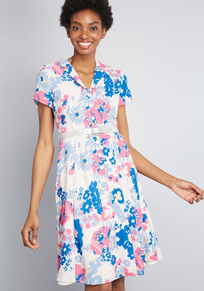 Tall A-line Floral Print Pocketed Belted Button Front Collared Notched Collar Shirt Dress