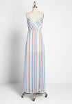 V-neck Polyester Striped Print Snap Closure Slit Spaghetti Strap Maxi Dress