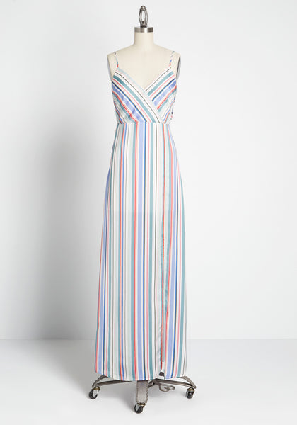 V-neck Spaghetti Strap Snap Closure Slit Striped Print Polyester Maxi Dress