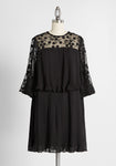 Short Floral Print Mesh Keyhole Button Closure Pleated Tiered Sheer Little Black Dress With Ruffles