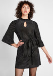 Tall Chevron Print Gathered Keyhole Button Closure Sheer Bell Sleeves Mock Neck Dress With a Sash