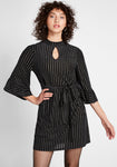 Tall Bell Sleeves Chevron Print Mock Neck Sheer Button Closure Keyhole Gathered Dress With a Sash