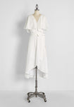 V-neck Dots Print Flutter Sleeves Self Tie Sheer Semi Sheer Belted Wrap Vintage Cotton Midi Dress
