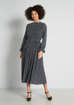 Mock Neck Long Sleeves Flowy Button Closure Pleated Midi Dress With a Sash and Ruffles