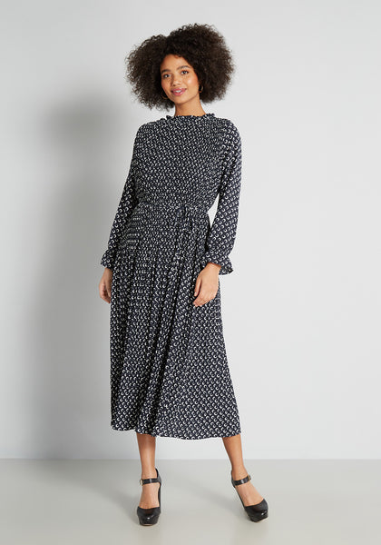 Pleated Button Closure Flowy Long Sleeves Mock Neck Midi Dress With a Sash and Ruffles