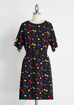 A-line General Print Spring Flowy Button Closure Belted Dolman Elbow Length Sleeves Shift High-Neck Dress