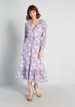 Button Front Drawstring Cotton Floral Print Sheer Sleeves Midi Dress With Ruffles