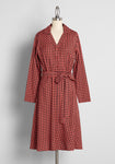 A-line Collared Notched Collar Belted Side Zipper Vintage Button Front Stretchy Button Closure Self Tie Dog Houndstooth Print Long Sleeves Viscose Shirt Midi Dress With a Sash